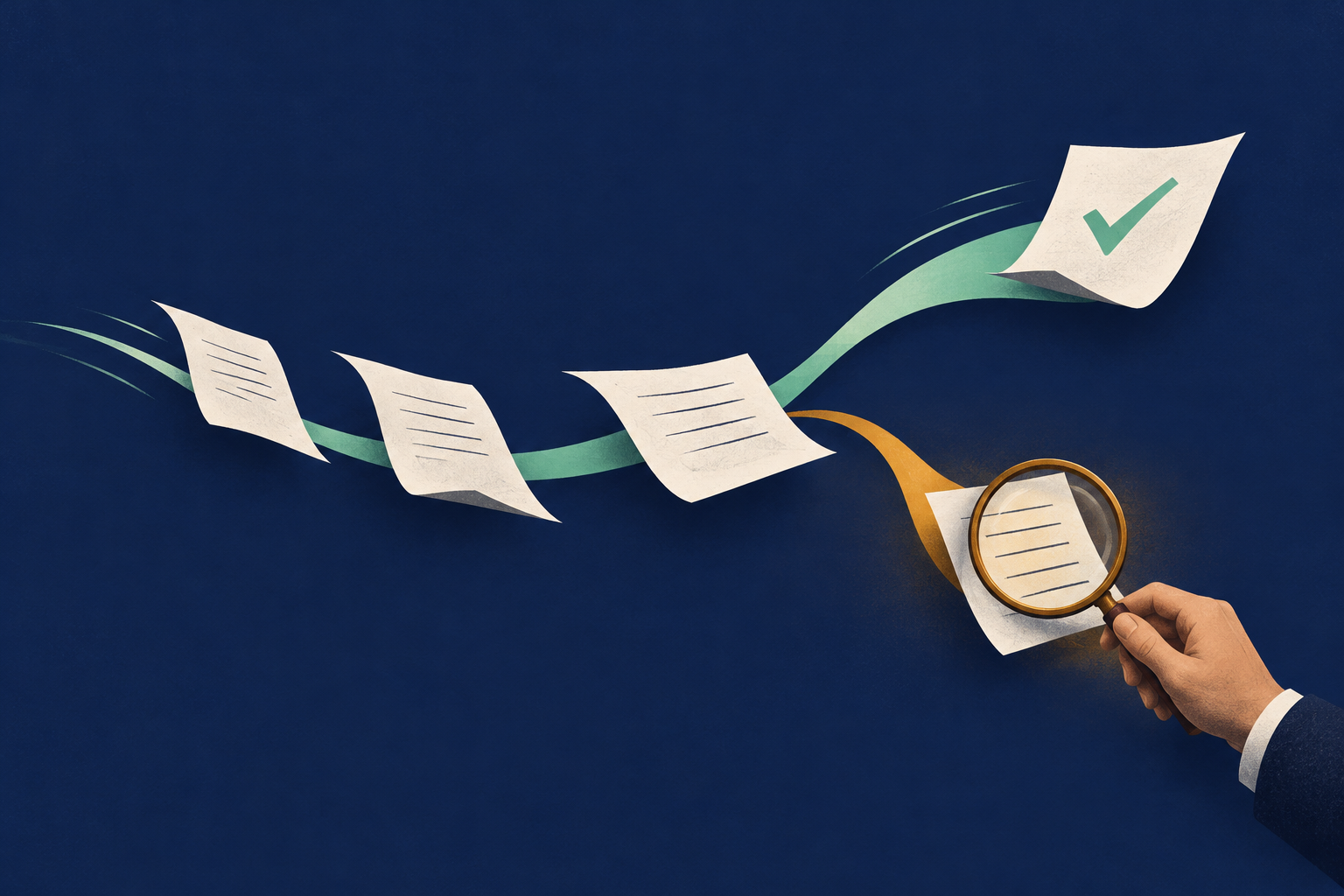 Documents flow along a path that splits: a confident answer continues with a check mark, while another document branches to a person reviewing it through a magnifying glass.